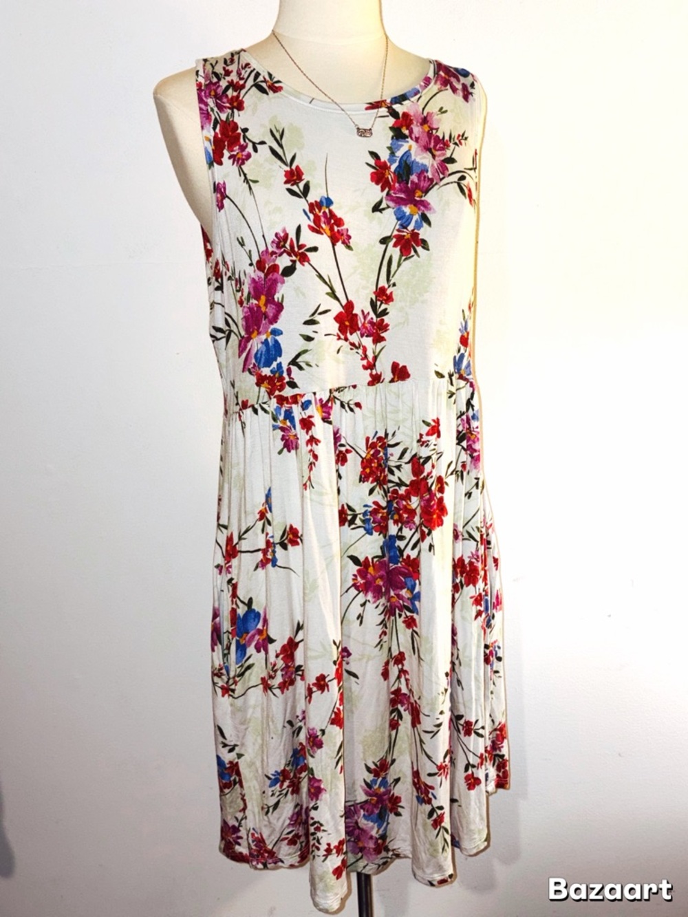 Maurices Floral Sleeveless Knit Dress - White with Pink & Blue Flowers